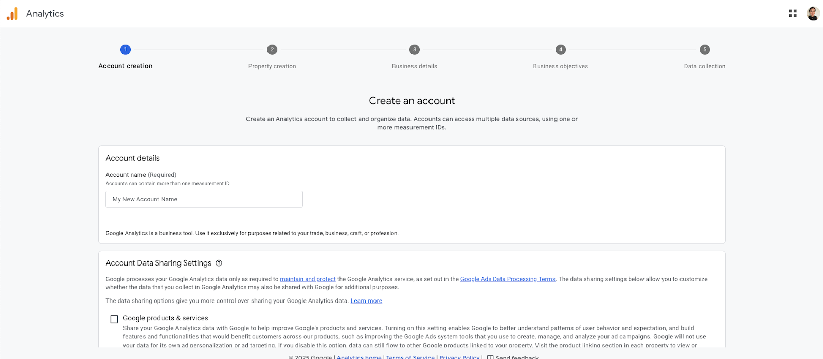 Image of Google Analytics Account details screen.