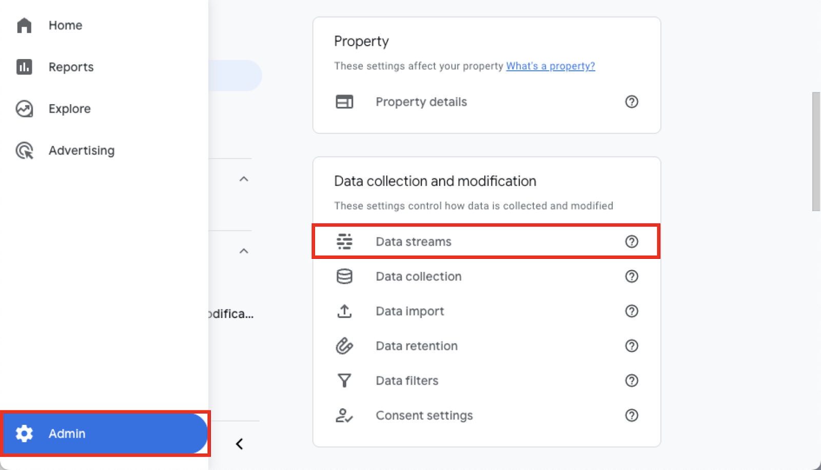 Image of Admin secion expanded and Data streams highlighted.
