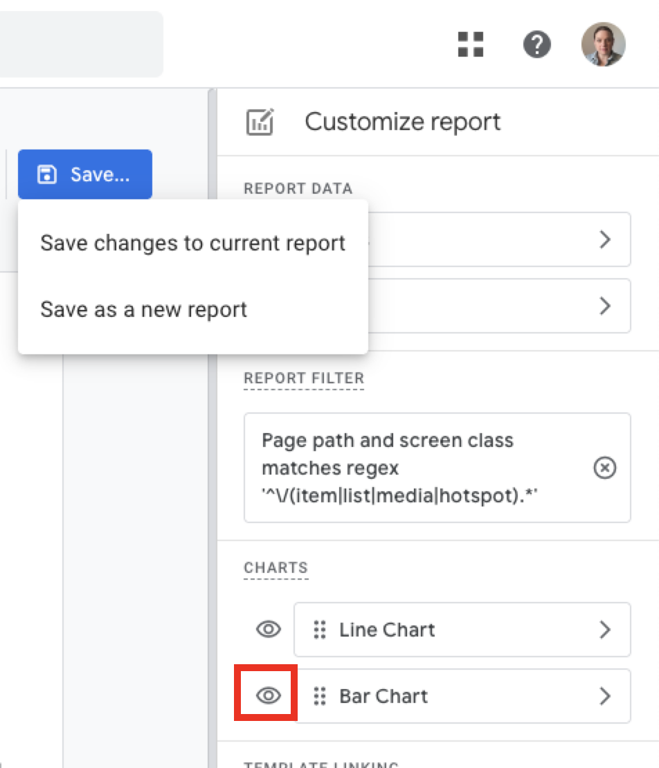 Image of Customize report and Save options.