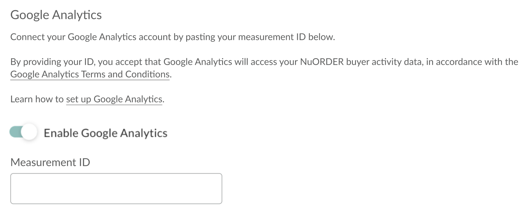 Image of Google Analytics section in Brand Admin.