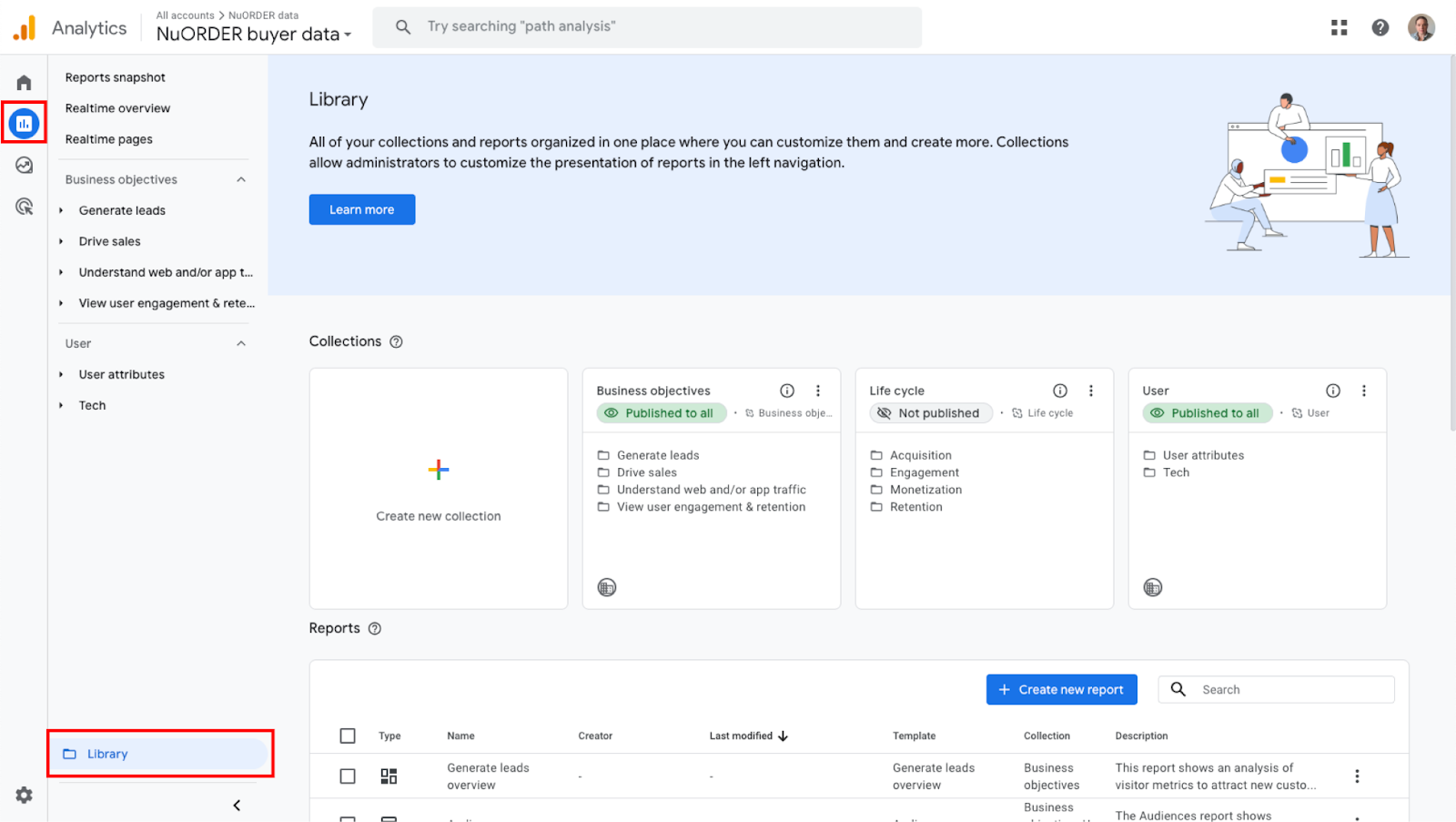 Image of Report Library in Google Analytics.