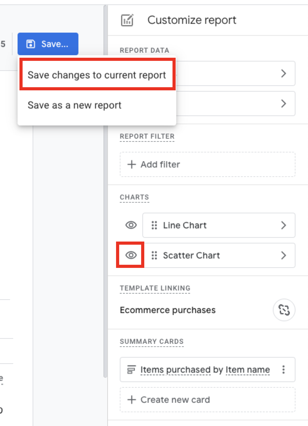 Image of Customize report options and Save.