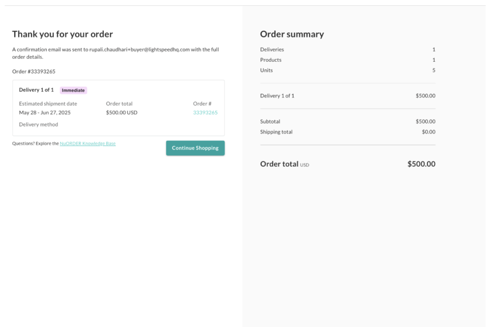 Image of order confirmation screen.