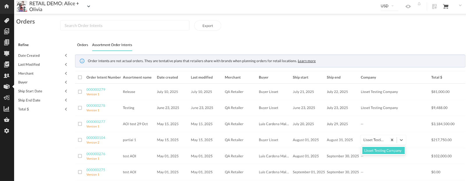 Image of Assortments Order Intents list view.
