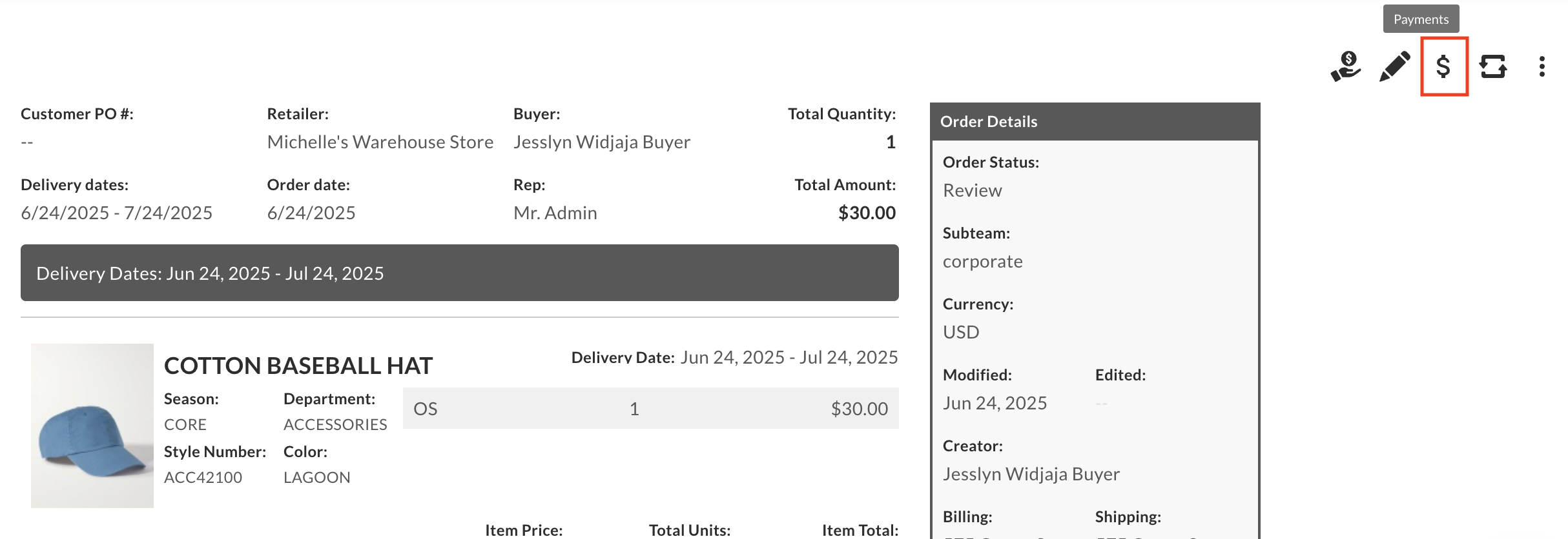 Image of Order Details page with Payments icon highlighted.