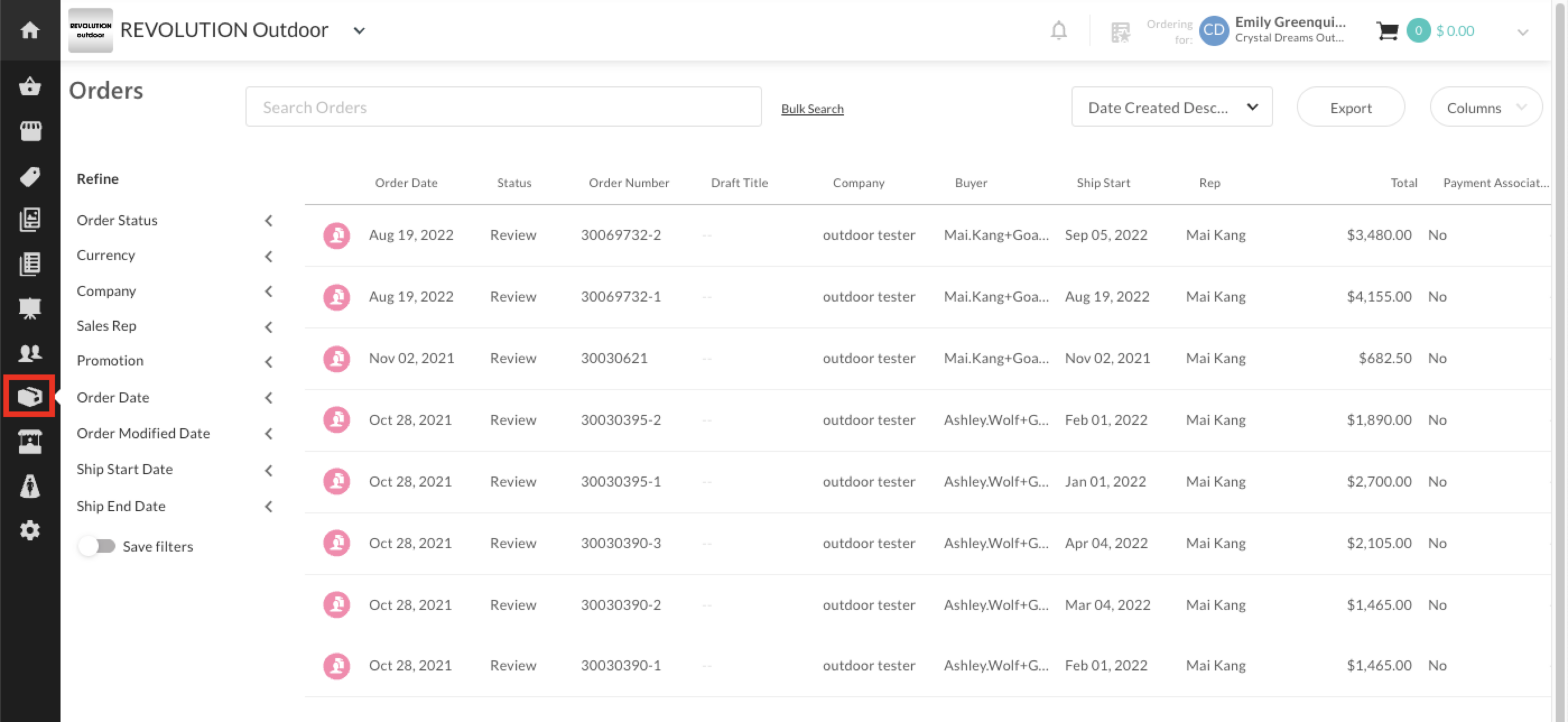 Image of the Orders page.