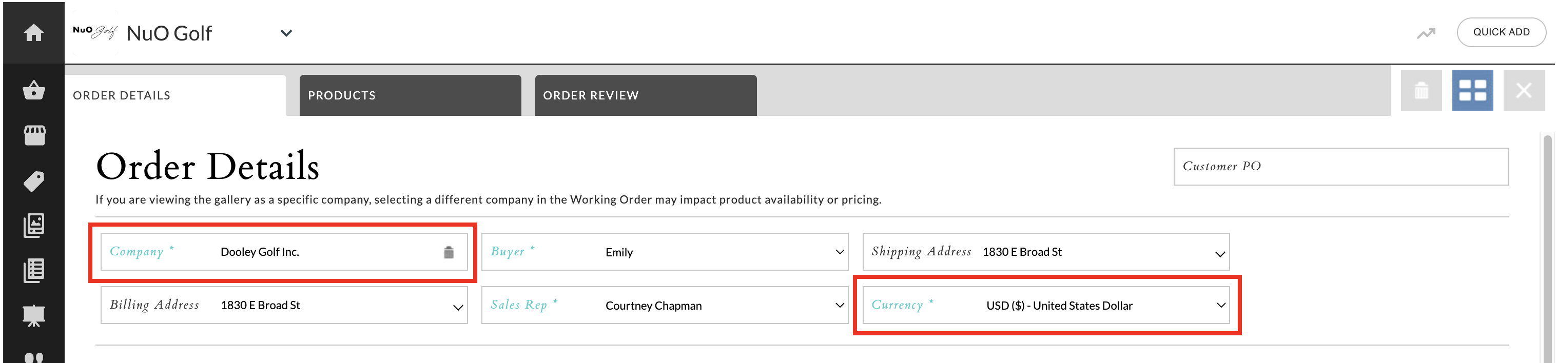 Image of the Working Order with Company and Currency highlighted.