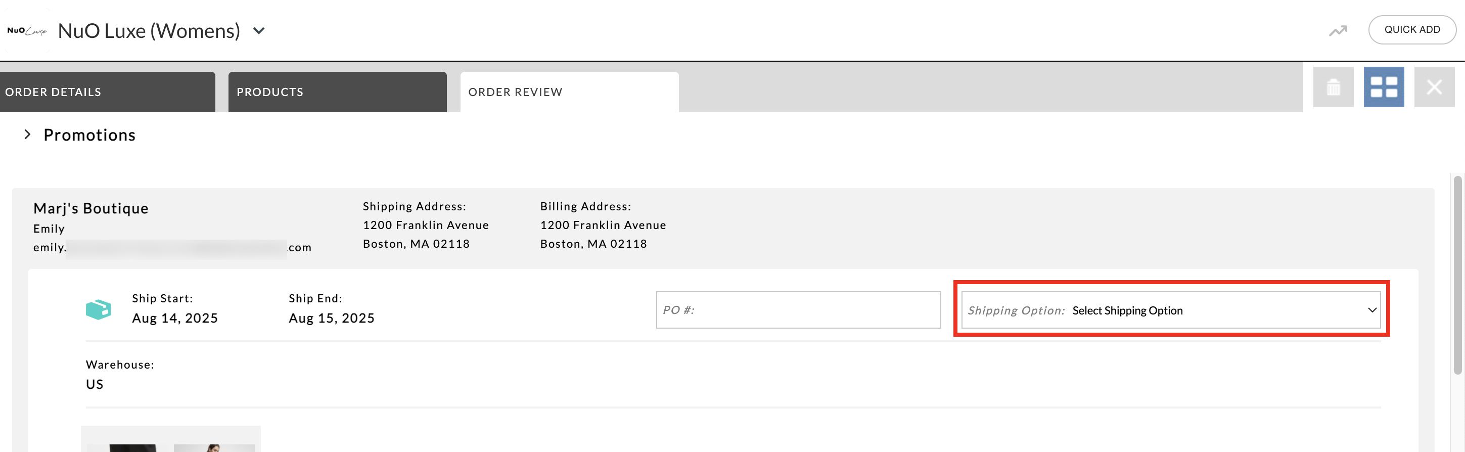 Image of Shipping Option field.
