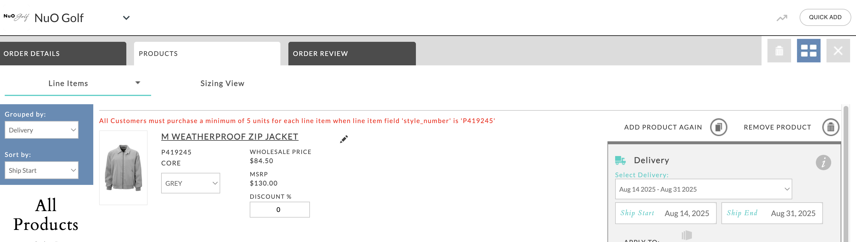 Image of an order with a minimum rule.