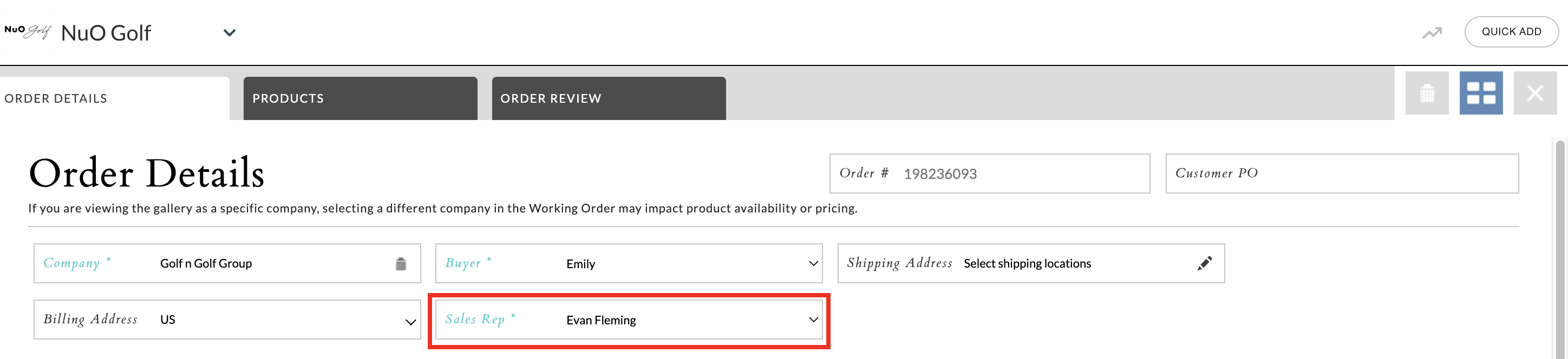 Image of the Sales Rep field in the Working Order.