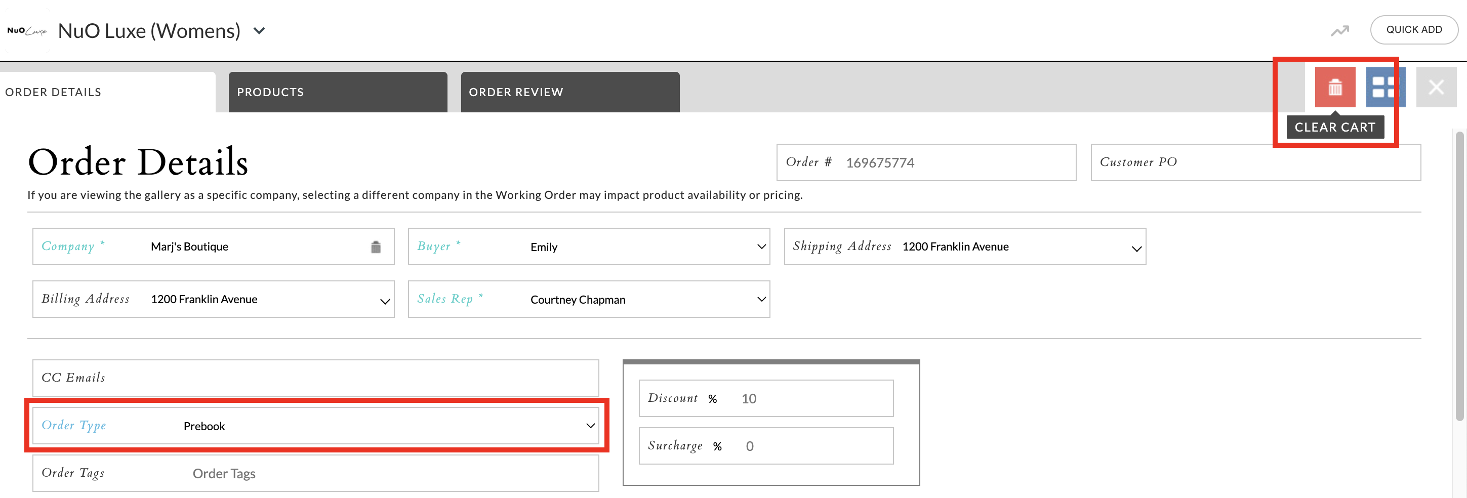 Image of Order Type field in the Working Order.