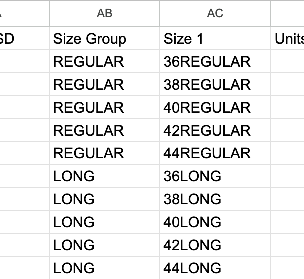 Image of spreadsheet with Size Group.