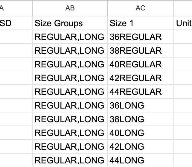 Image of spreadsheet with Size Groups.
