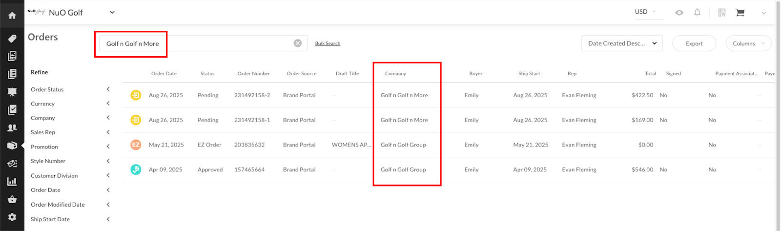 Image of a company name search on the Orders page.