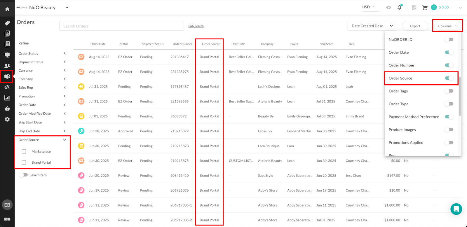 Image of the Orders page with the Order Source column and filter.