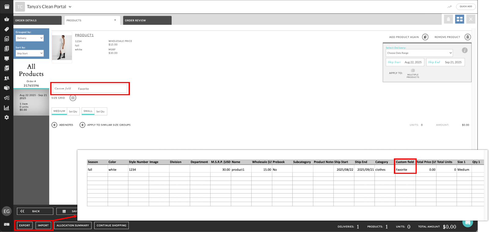 Image of an order and Order Export Template with an order line item custom field.
