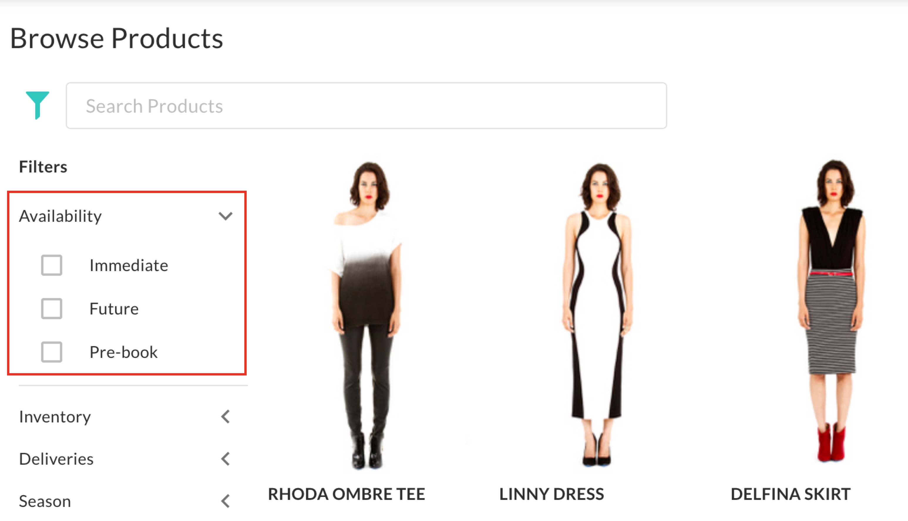Product Availability filter view.