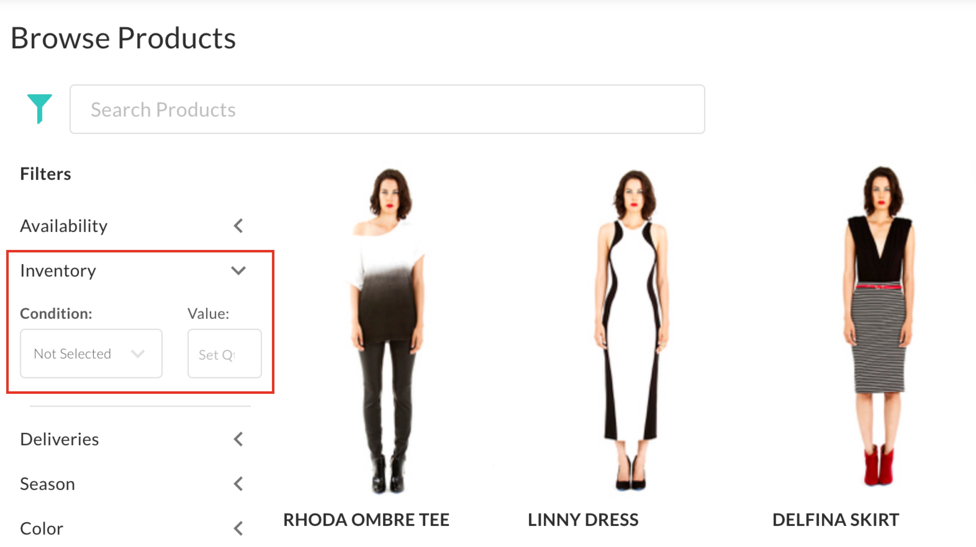 Product Inventory filter view.