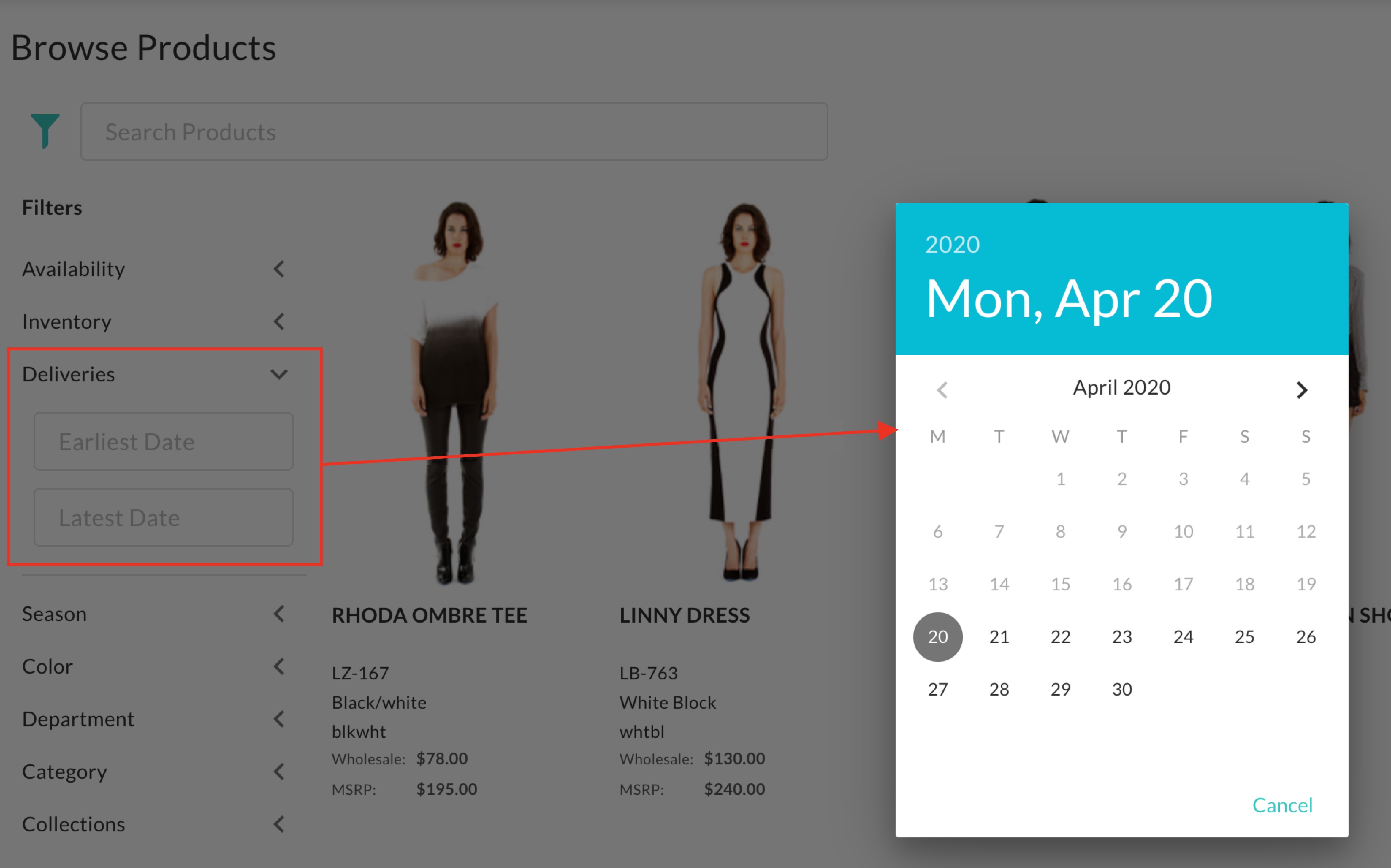 Product Deliveries filter view.