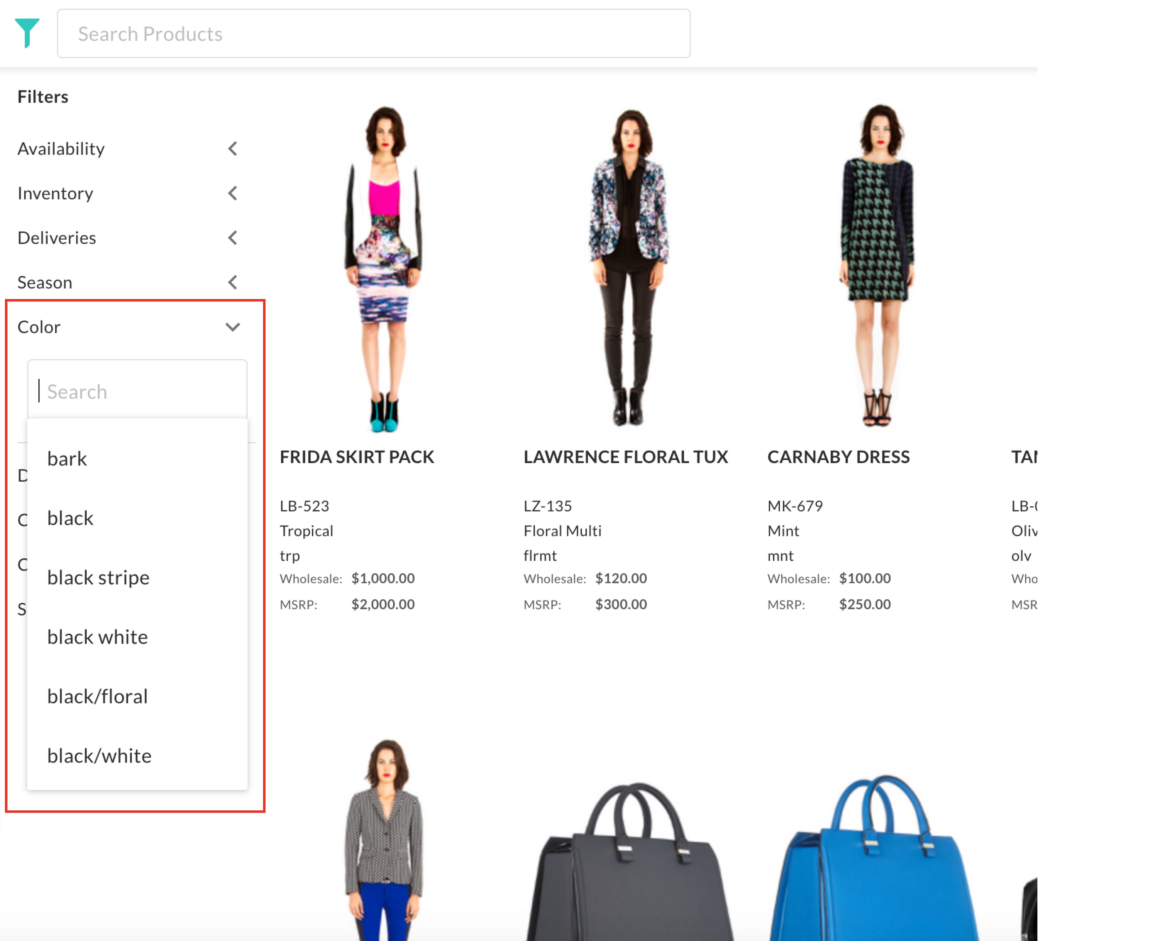 Product Color filter view.