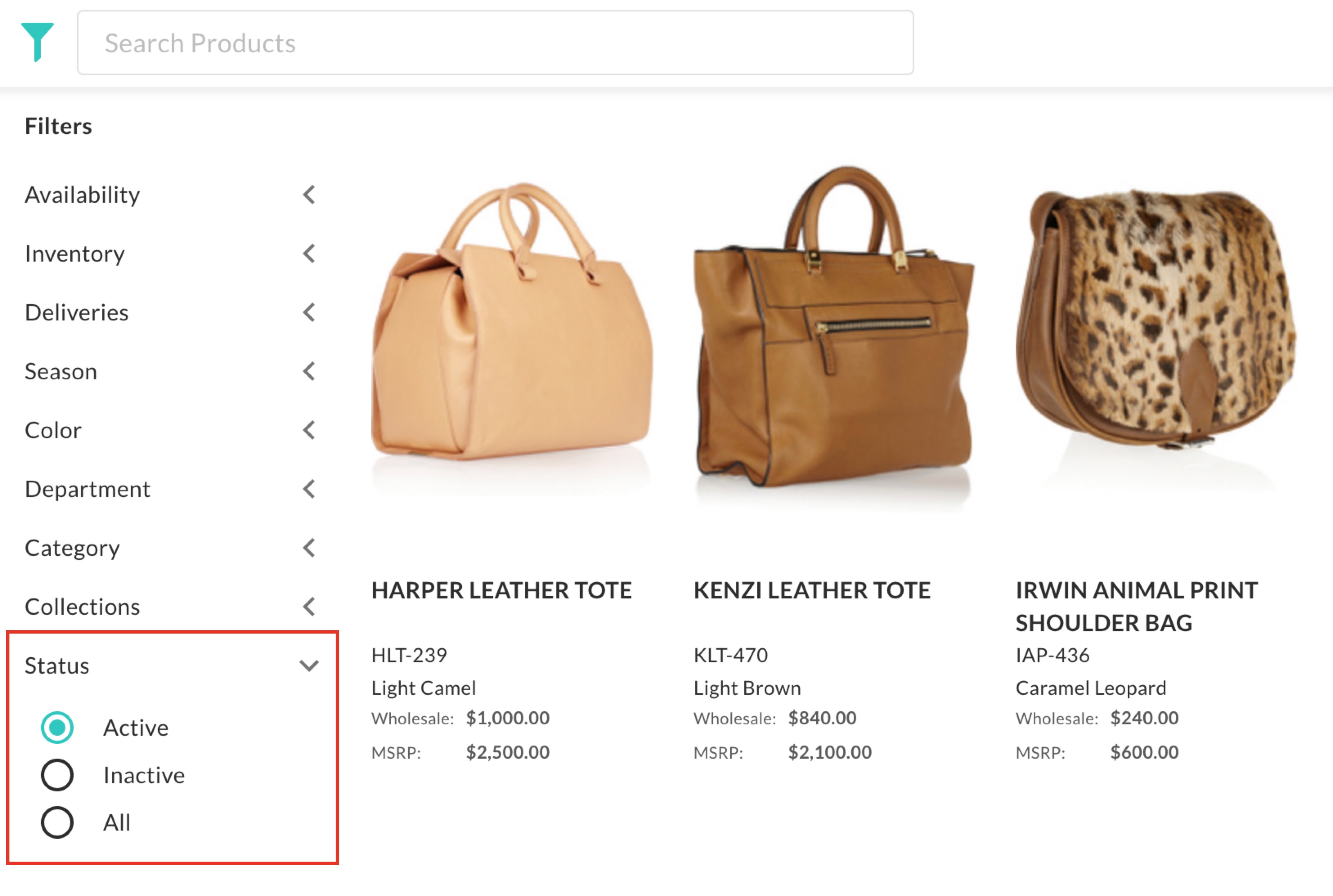 Product Status filter view.