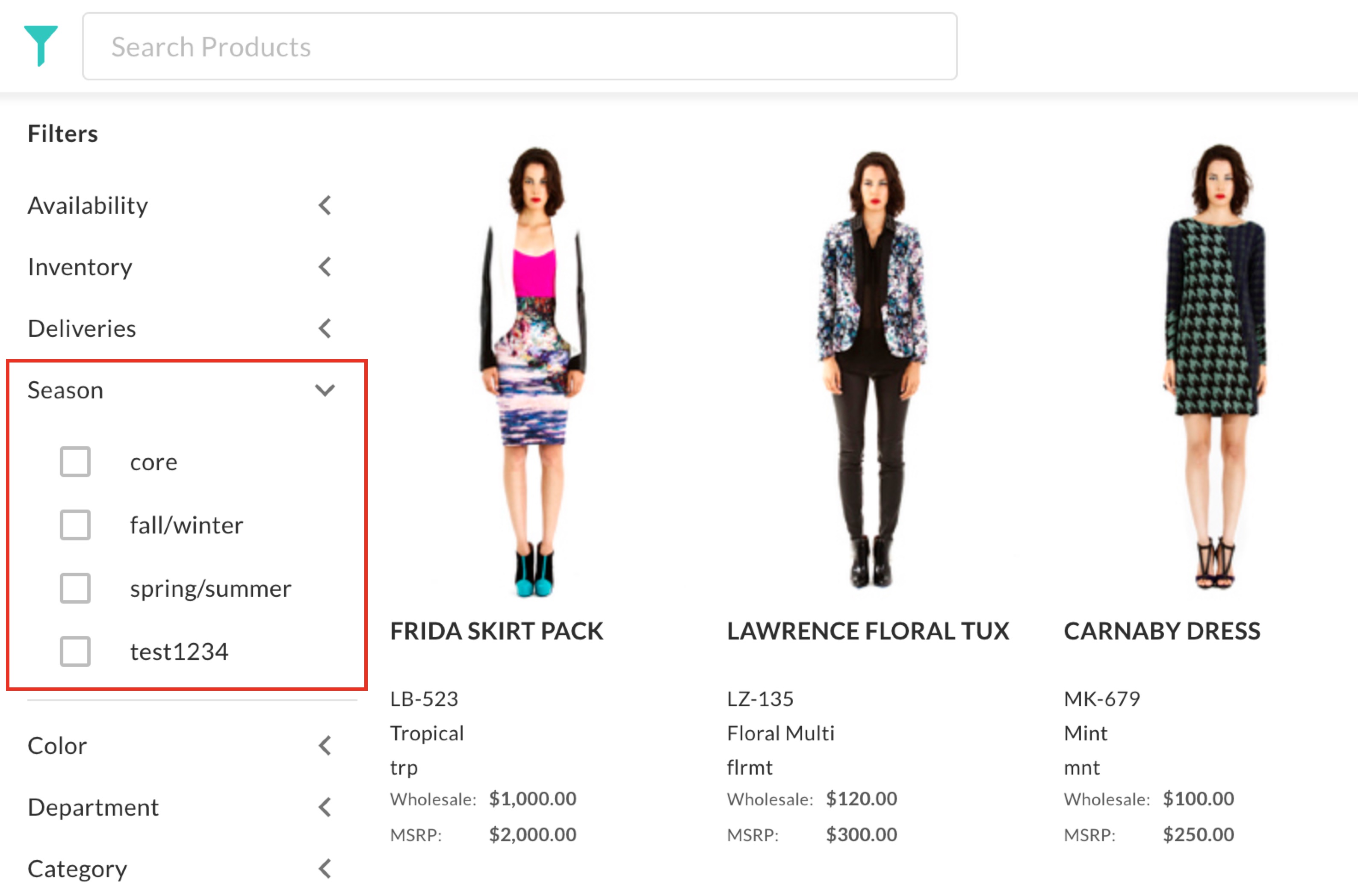Product Season filter view.