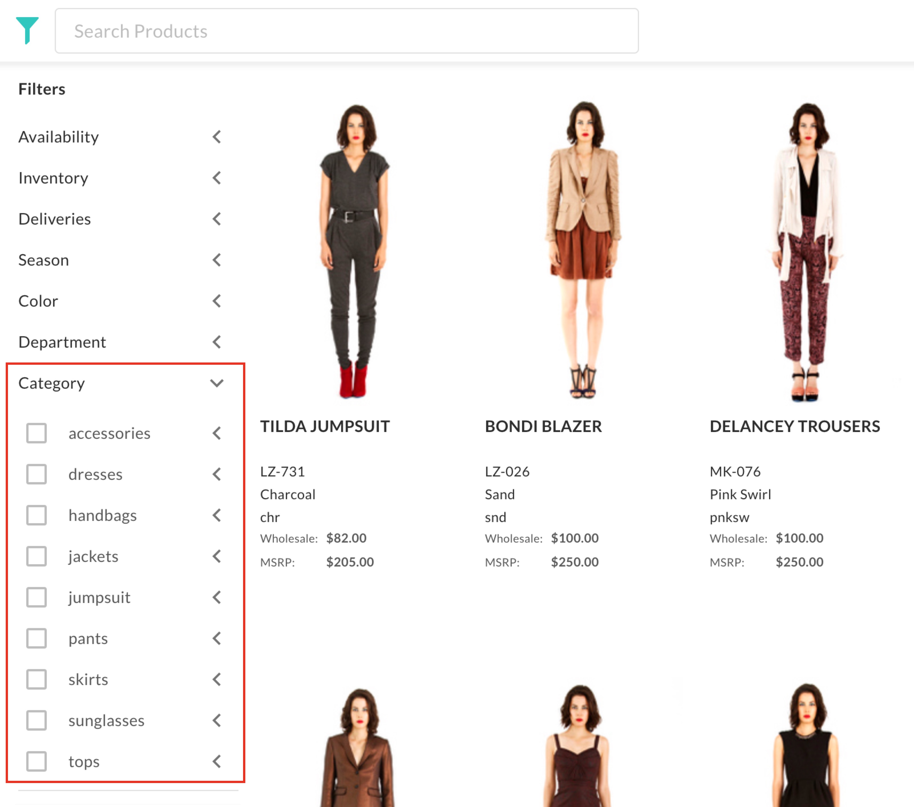 Product Category filter view.