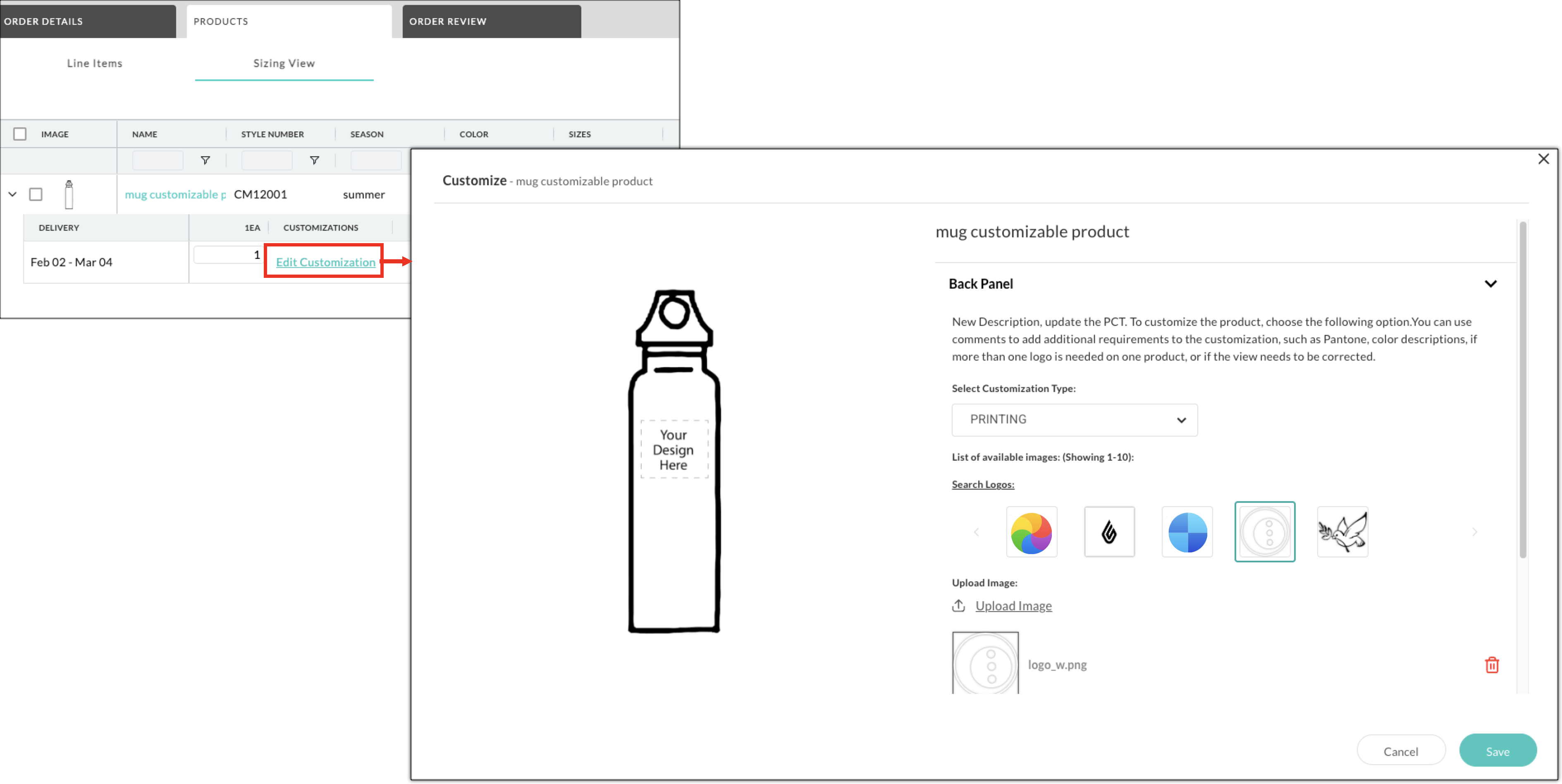 Image of Edit customization from the Working Order.