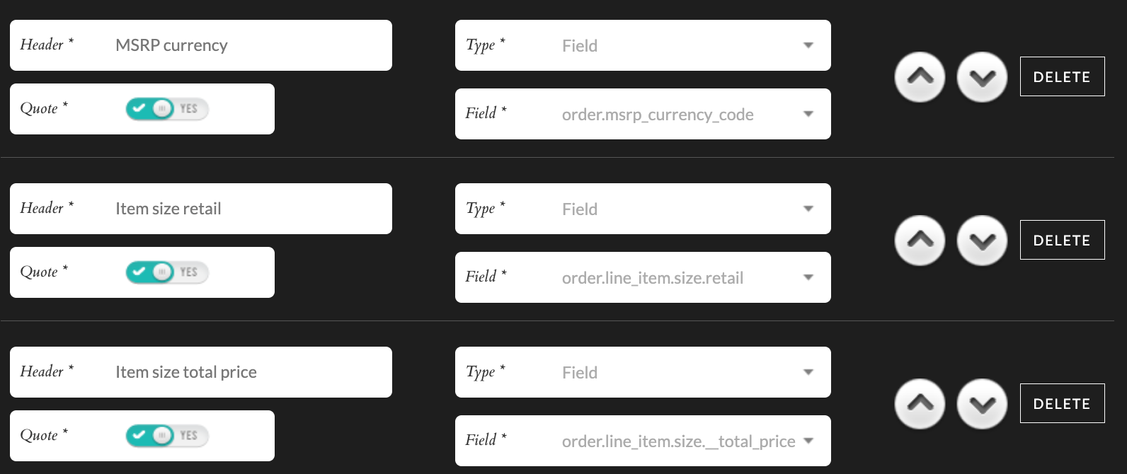 Image of Order export information screen.