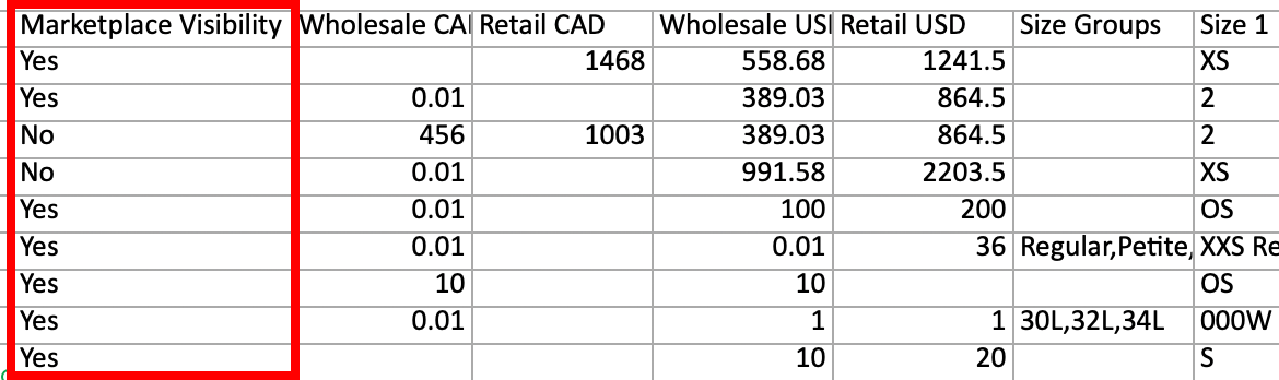 Image of Product data spreadsheet example.