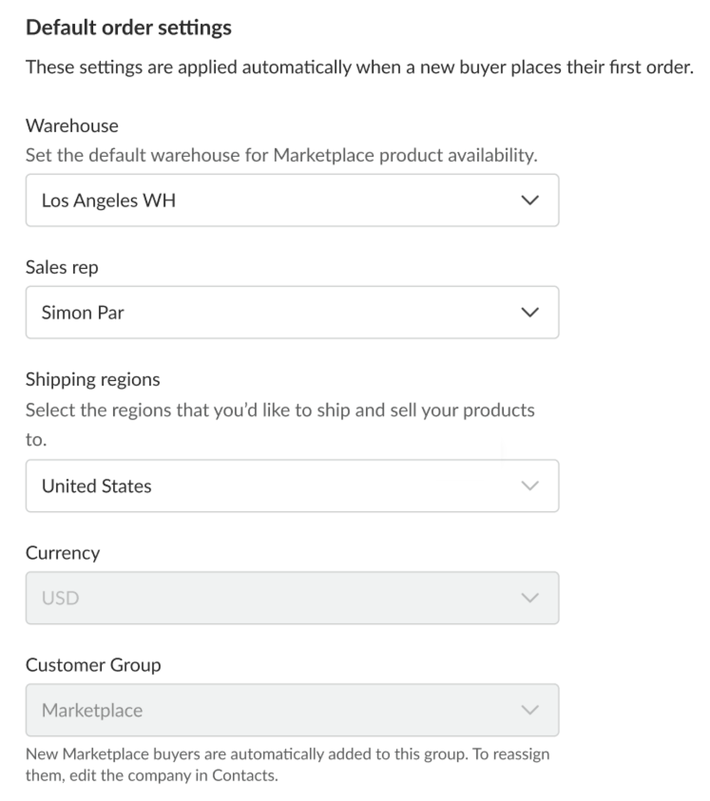 Image of Default order settings options in Marketplace settings.