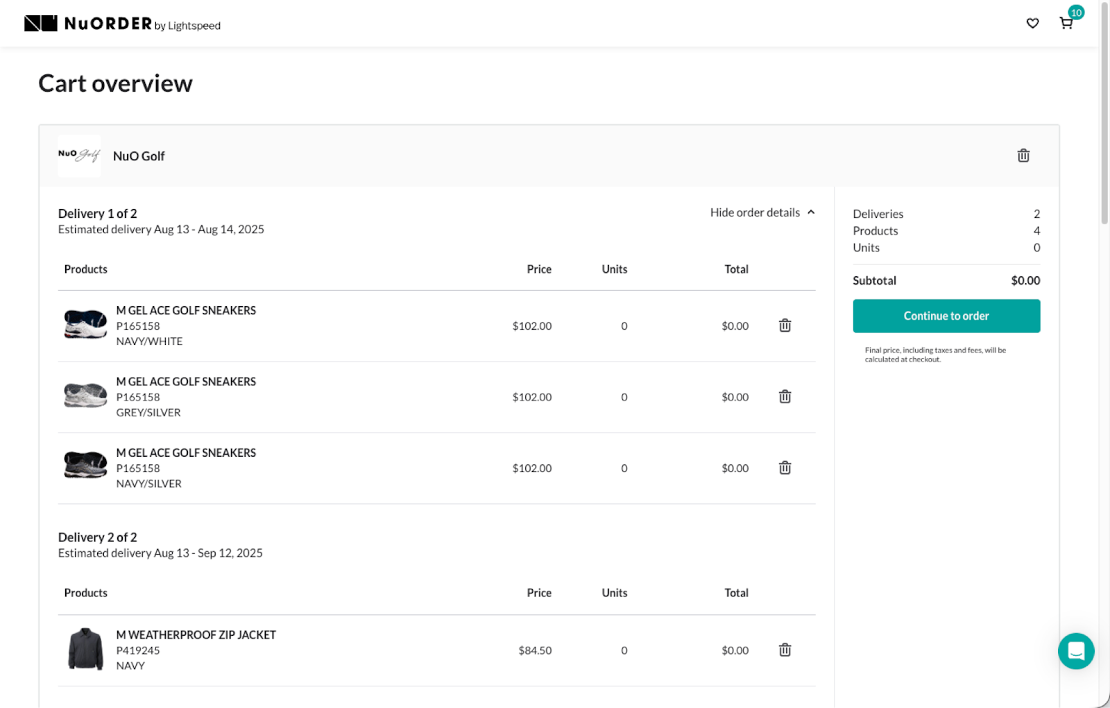 Image of order details in the cart overview.