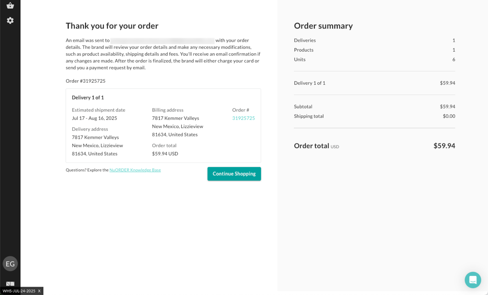 Image of the order confirmation page.