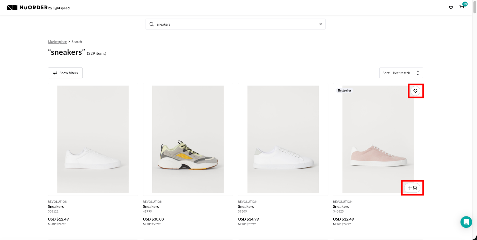 Image of heart and cart icons for a product.