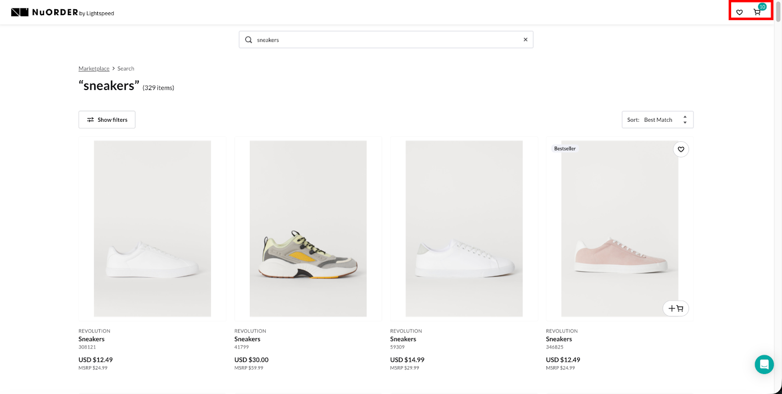 Image of the heart and cart icons in the upper right corner of the screen.