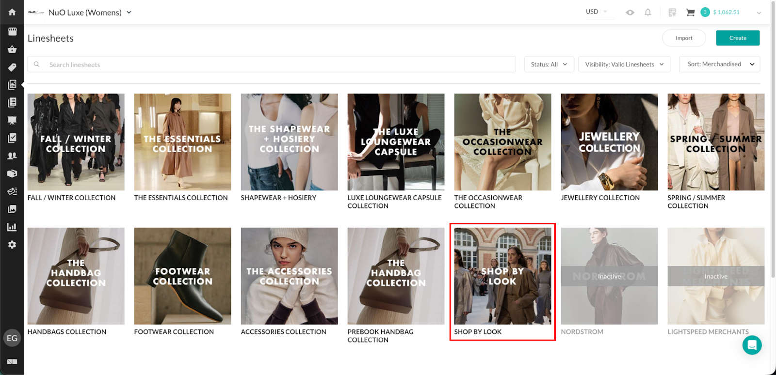 Image of a the Linesheets gallery with one shop by look option.