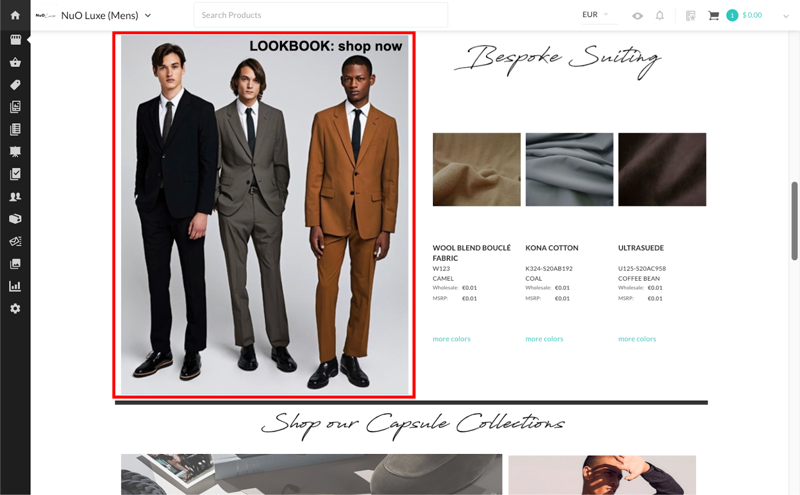 Image of a homepage with a Lookbook link.