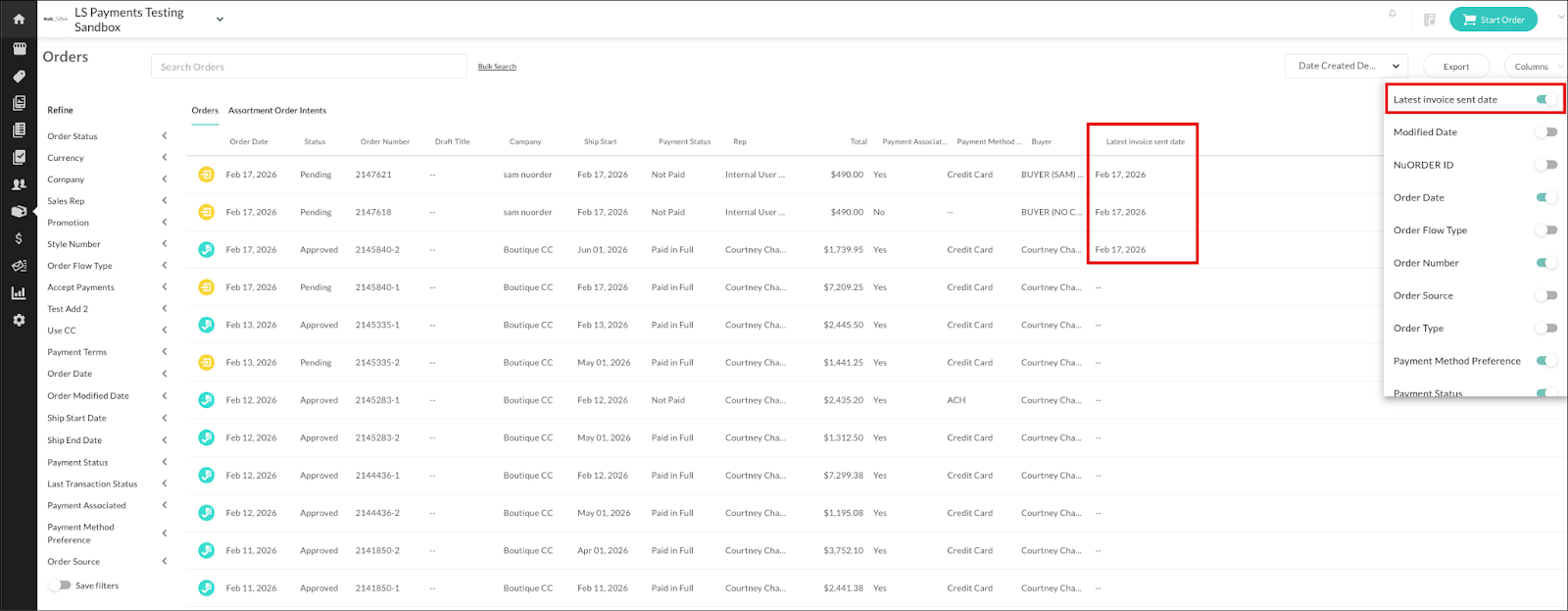 Image of the Orders page with the View invoices by latest date sent column.