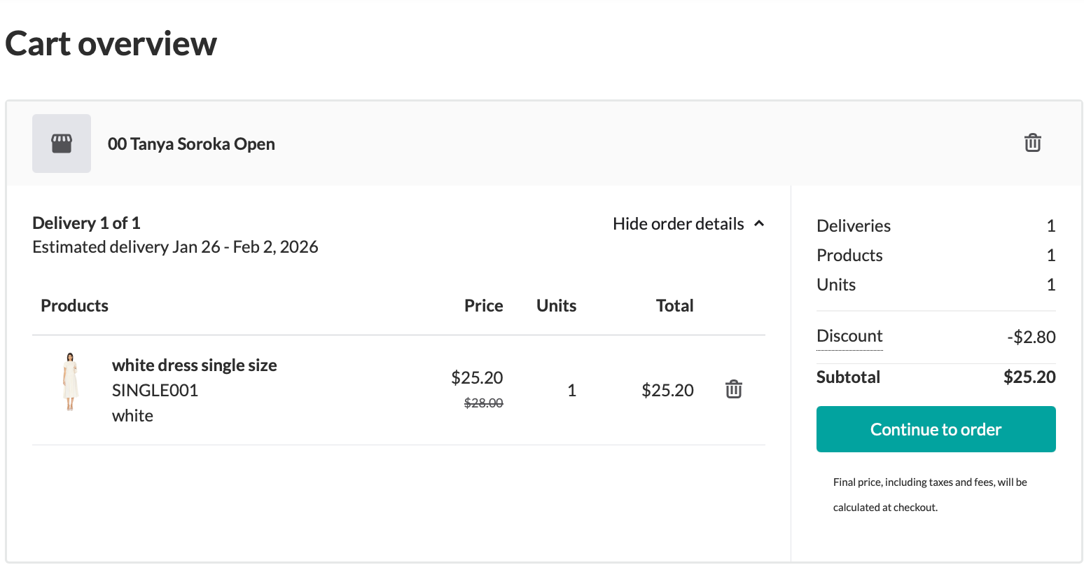 Image of the Cart overview with strikethrough pricing.