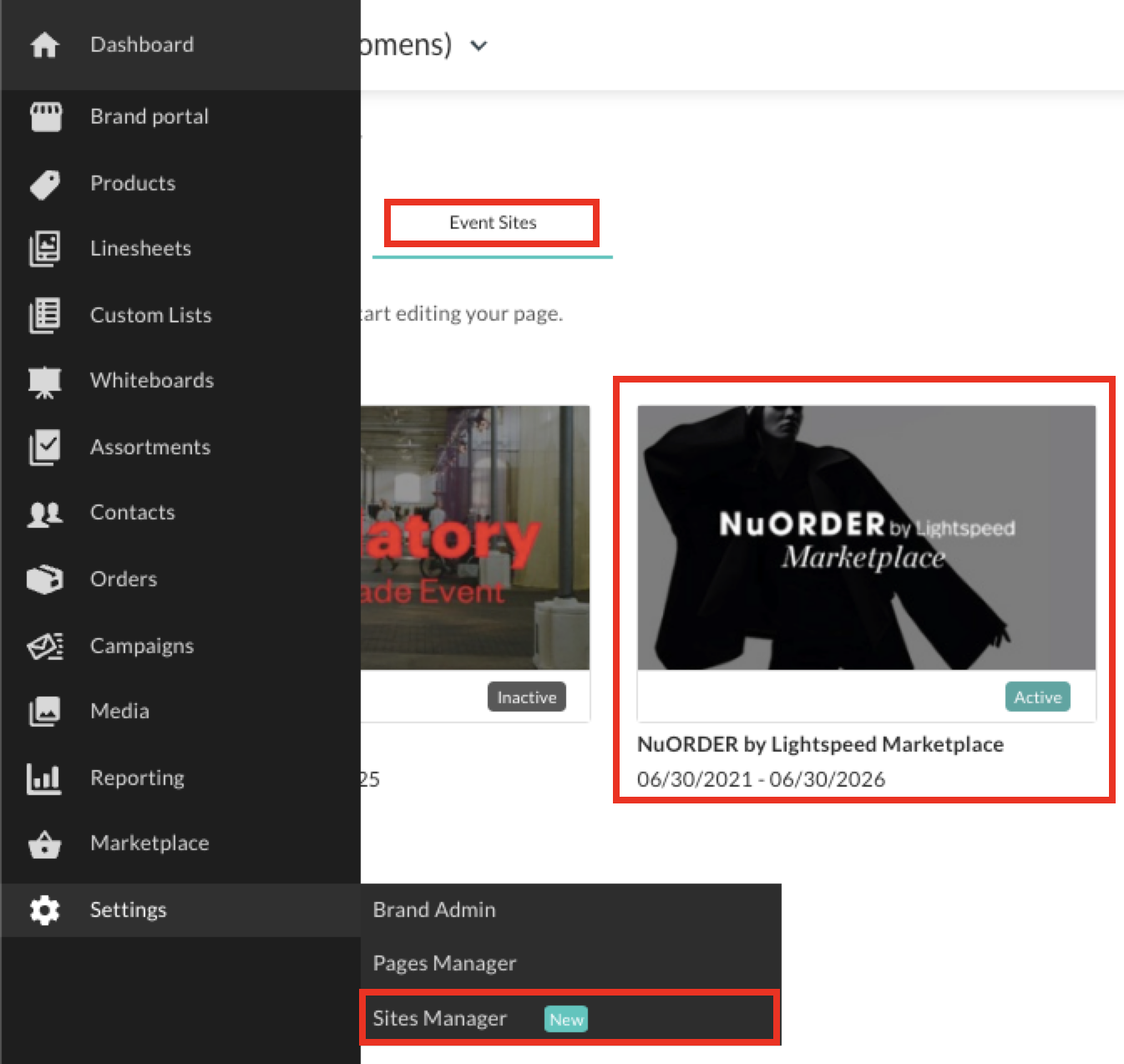 Image of Marketplace site in Sites Manager.