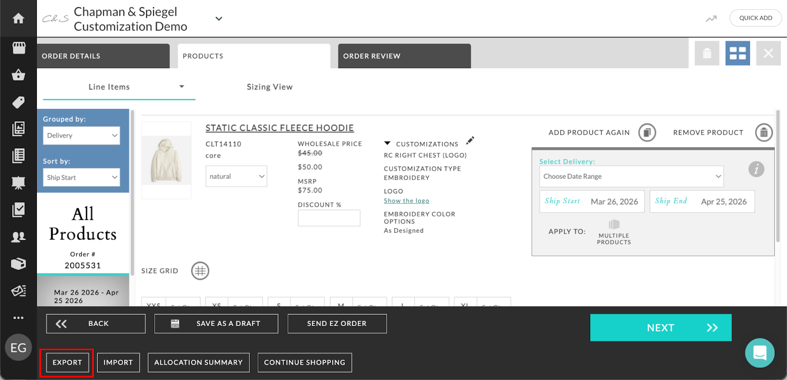 Image of the cart with the Export button highlighted.