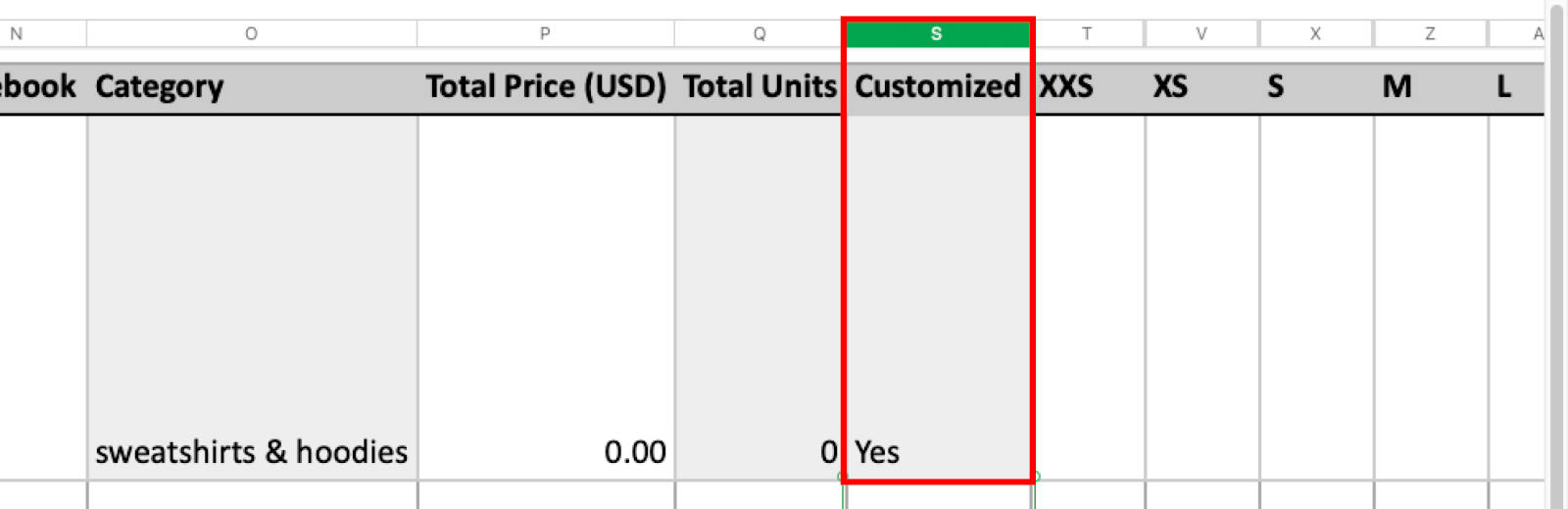 Image of an exported order with the Customized column highlighted.