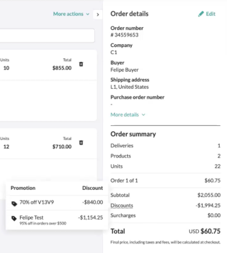 Image of the order details section of the cart.
