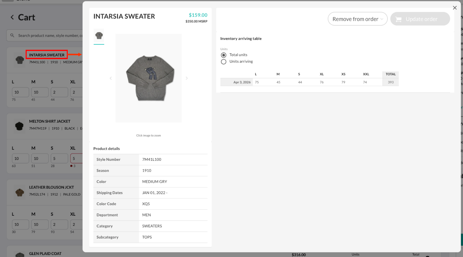 Image of the Product Details page, accessed from the cart.