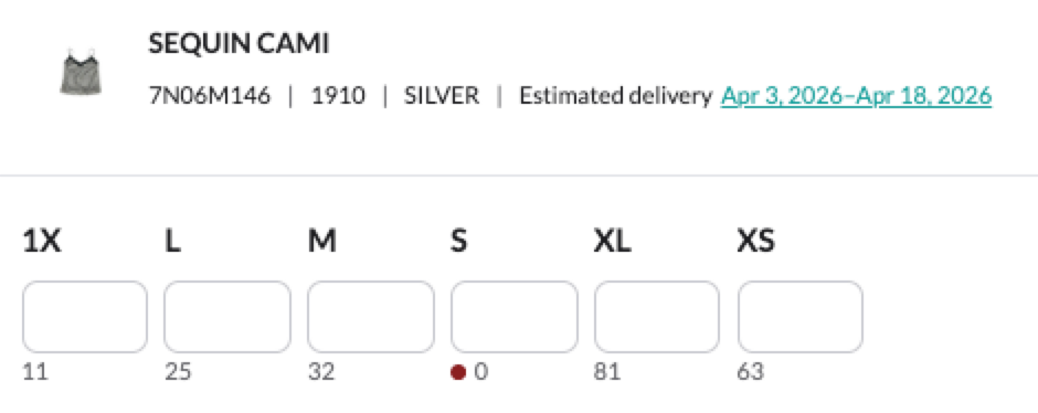 Image of a product with no inventory for a size.