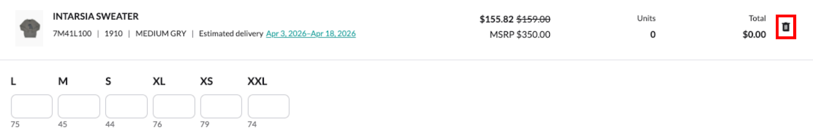 Image of the trash icon on a product in the cart.