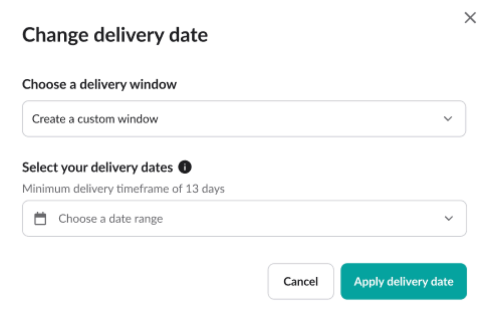 Image of the change delivery date screen with the option to choose a new range.