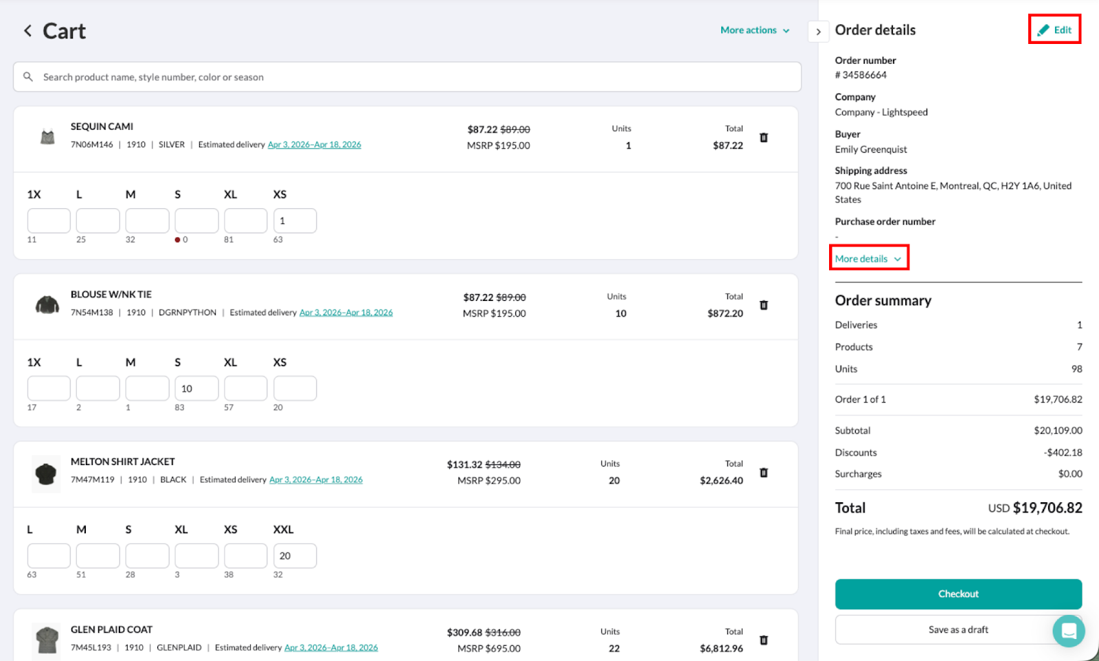 Image of order details in the cart with the edit and more details options highlighted.
