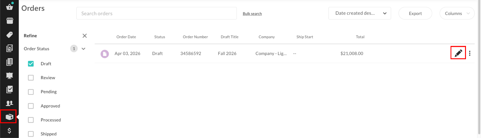 Image of the orders page with the pencil icon highlighted on a draft order.