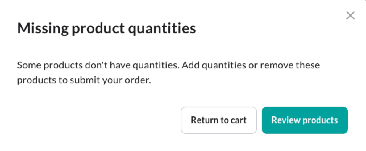Image of the missing product quanitities warning message.